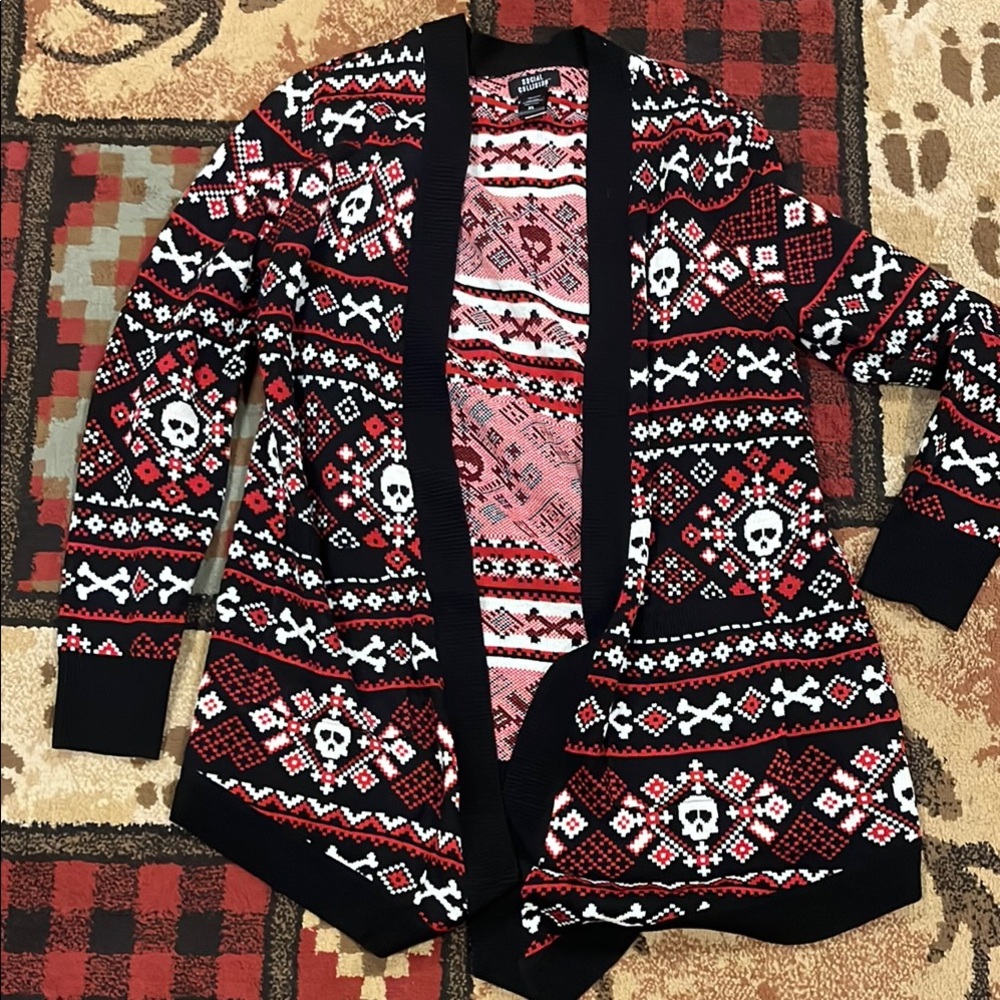 Womens Social Collision skull knit cardigan